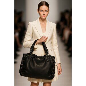 Michael Kors Black Leather Braided Handle Tote Satchel Whipstitch Grommet Large